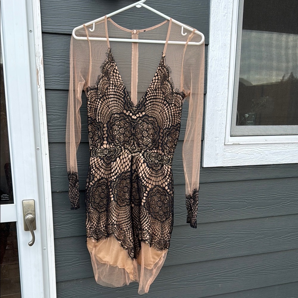 For Love and Lemons Chic Black Lace Dress with Nude Mesh